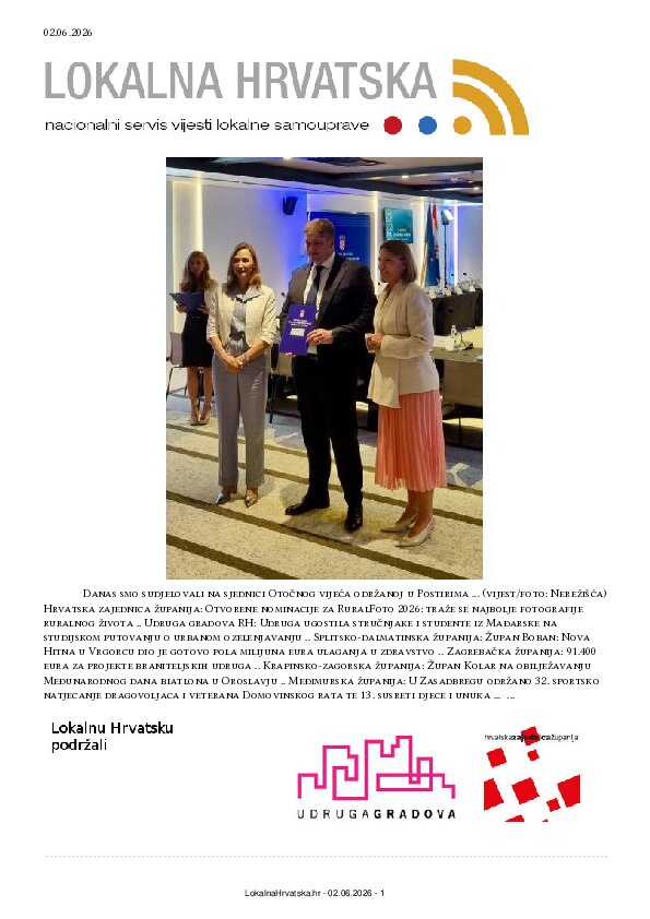 Besplatno se pretplatite na ISSUU izdanje. Izdvajamo: Hrvatska zajednica županija, Udruga gradova RH, Splitsko-dalmatinska županija, Zagrebačka županija, Krapinsko-zagorska županija, Međimurska županija, Samobor, Solin, Makarska, Ivanec, Stari Jankovci, Zaprešić, Sisak, Velika Gorica, Kutina, Cres, Petrijevci, Nerežišća, Hvar, Lovas, Drniš, Vela Luka, Sali,