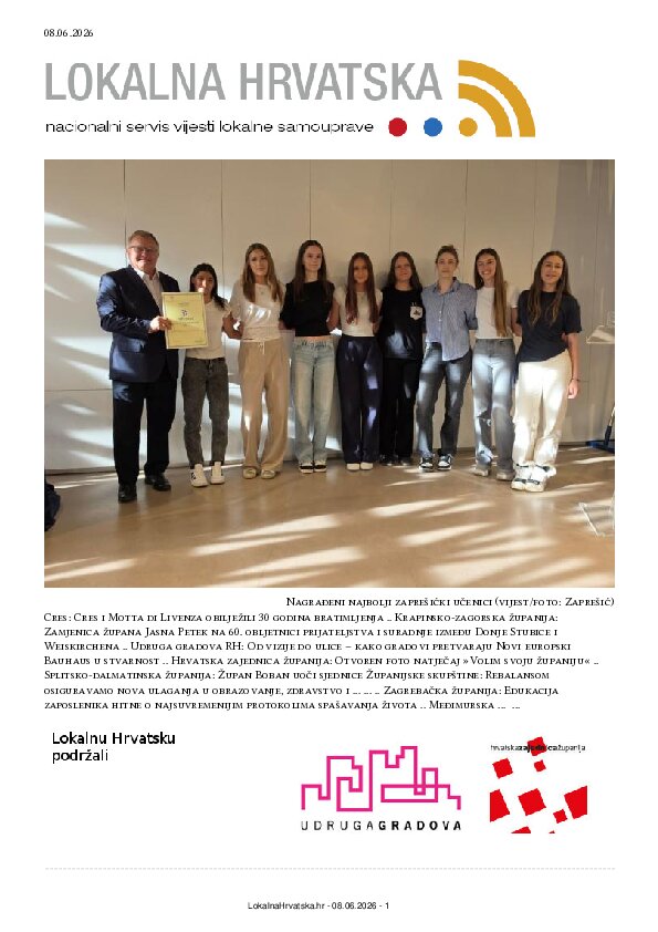 Besplatno se pretplatite na ISSUU izdanje. Izdvajamo: Cres, Krapinsko-zagorska županija, Udruga gradova RH, Hrvatska zajednica županija, Splitsko-dalmatinska županija, Zagrebačka županija, Međimurska županija, Sisak, Velika Gorica, Samobor, Makarska, Kutina, Vela Luka, Dubrava, Ivanec, Blato, Nerežišća, Kaštela, Solin, Vodice, Drniš, Hvar, Stari Jankovci, Lovas,