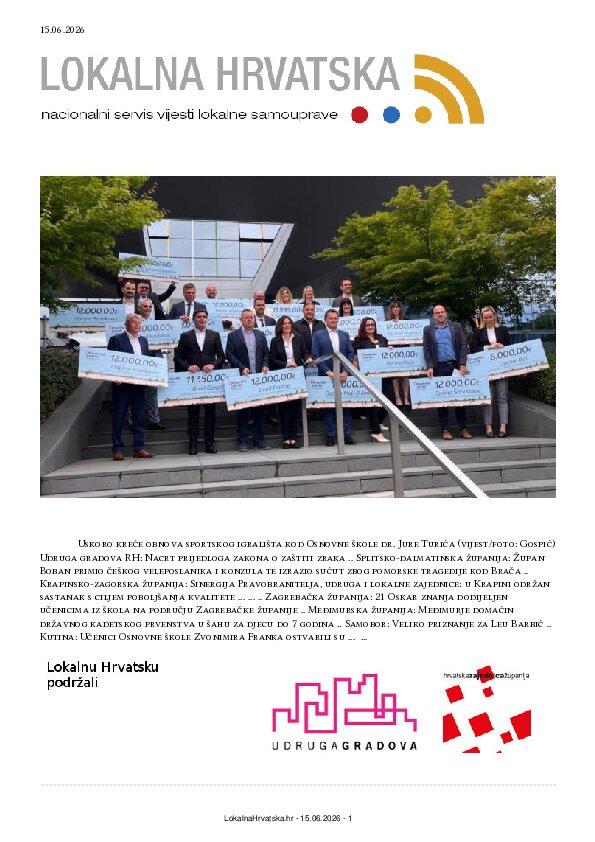 Besplatno se pretplatite na ISSUU izdanje. Izdvajamo: Udruga gradova RH, Splitsko-dalmatinska županija, Krapinsko-zagorska županija, Zagrebačka županija, Međimurska županija, Samobor, Kutina, Dubrava, Lovas, Ivanec, Sisak, Gospić, Zaprešić, Karlovac, Velika Gorica, Zabok, Blato, Fužine, Kaštela, Solin, Makarska, Drniš, Hvar, Vela Luka, Stari Jankovci, Petrijevci, Nerežišća,