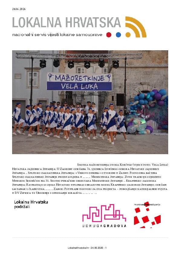 Besplatno se pretplatite na ISSUU izdanje. Izdvajamo: Hrvatska zajednica županija, Splitsko-dalmatinska županija, Međimurska županija, Krapinsko-zagorska županija, Zabok, Ivanec, Vela Luka, Samobor, Kutina, Kaštela, Gospić, Solin, Zaprešić, Makarska, Duga Resa, Vodice, Drniš, Hvar, Lovas,