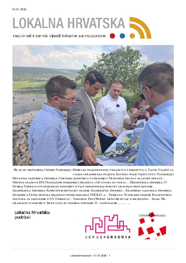 Besplatno se pretplatite na ISSUU izdanje. Izdvajamo: Hrvatska zajednica županija, Udruga gradova RH, Međimurska županija, Zagrebačka županija, Krapinsko-zagorska županija, Dubrava, Samobor, Sisak, Karlovac, Solin, Zaprešić, Kutina, Makarska, Ivanec, Duga Resa, Hvar, Cres, Podbablje, Vela Luka, Fužine, LAG Međimurski doli i bregi, Gospić, Zabok, Drniš, Opuzen, Lovas,