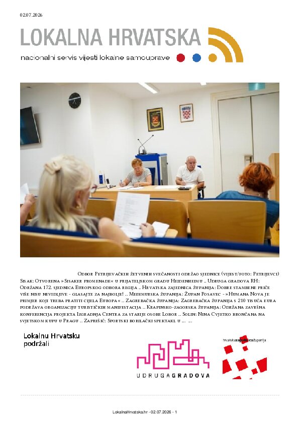 Besplatno se pretplatite na ISSUU izdanje. Izdvajamo: Sisak, Udruga gradova RH, Hrvatska zajednica županija, Međimurska županija, Zagrebačka županija, Krapinsko-zagorska županija, Solin, Zaprešić, Makarska, Ivanec, Vela Luka, Samobor, Kutina, Opuzen, Petrijevci, Hvar, Karlovac, Zabok, Drniš, Fužine, Duga Resa,