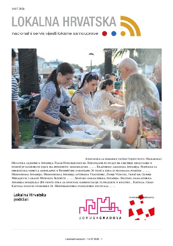 Besplatno se pretplatite na ISSUU izdanje. Izdvajamo: Hrvatska zajednica županija, Krapinsko-zagorska županija, Međimurska županija, Splitsko-dalmatinska županija, Kaštela, Klis, Sisak, Solin, Drniš, Karlovac, Kutina, Makarska, Ivanec, Cres, Lovas, Vela Luka, Gospić, Duga Resa, Zabok, Hvar, Podbablje, Tar-Vabriga-Torre-Abrega,