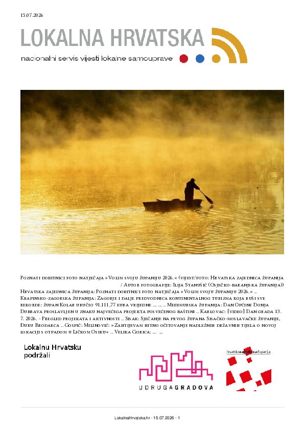 Besplatno se pretplatite na ISSUU izdanje. Izdvajamo: Hrvatska zajednica županija, Krapinsko-zagorska županija, Međimurska županija, Karlovac, Sisak, Gospić, Velika Gorica, Makarska, Ivanec, Vela Luka, Opuzen, Cres, Sali, Kutina, Kaštela, Solin, Drniš, Hvar, Fužine,