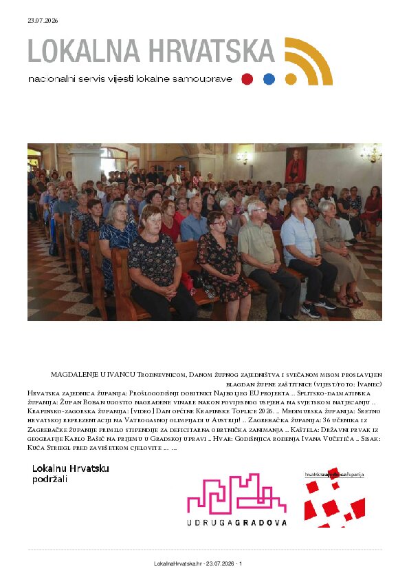 Besplatno se pretplatite na ISSUU izdanje. Izdvajamo: Hrvatska zajednica županija, Splitsko-dalmatinska županija, Krapinsko-zagorska županija, Međimurska županija, Zagrebačka županija, Kaštela, Hvar, Sisak, Opuzen, Vela Luka, Velika Gorica, Karlovac, Samobor, Kutina, Ivanec, Zabok, Podbablje, Petrijevci, Nerežišća, Solin, Makarska, Cres, Tar-Vabriga-Torre-Abrega, Sali,