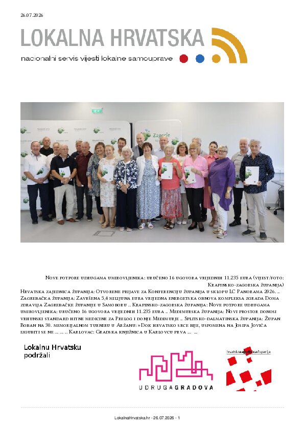 Besplatno se pretplatite na ISSUU izdanje. Izdvajamo: Hrvatska zajednica županija, Zagrebačka županija, Krapinsko-zagorska županija, Međimurska županija, Splitsko-dalmatinska županija, Karlovac, Cres, Klis, Vela Luka, Lovas, Nerežišća, Ivanec, Dubrava, Stari Jankovci, Sisak, Makarska, Duga Resa, Hvar, Opuzen, Kaštela, Petrijevci, Solin, Kutina, Zabok, Podbablje,